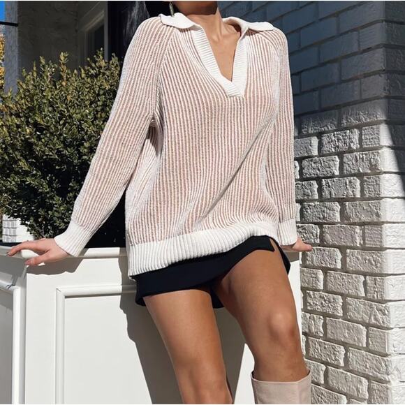 Aerie Striped Knit Collared Sweater Oversized Pullover Tan Long Sleeve Small - Picture 2 of 11